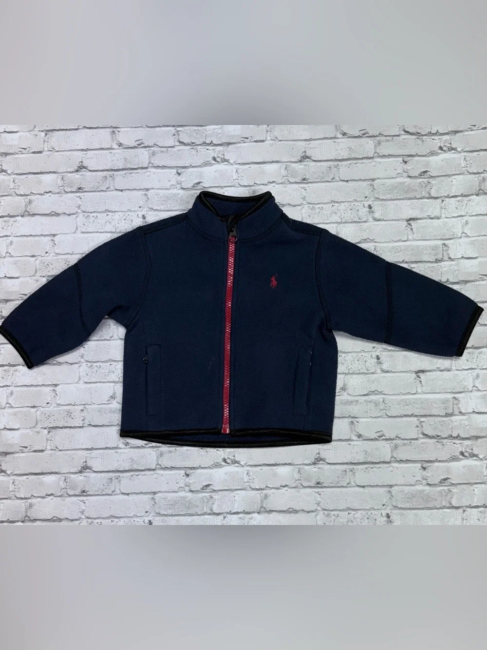 Polo Ralph Lauren Baby Boys Fleece Jacket 12M Navy Red Full Zip Pony Fall Winter